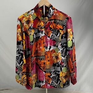 Chico's Maximalist Artsy Vibrant Floral Full Zip Lightweight Jacket 90s Size 3